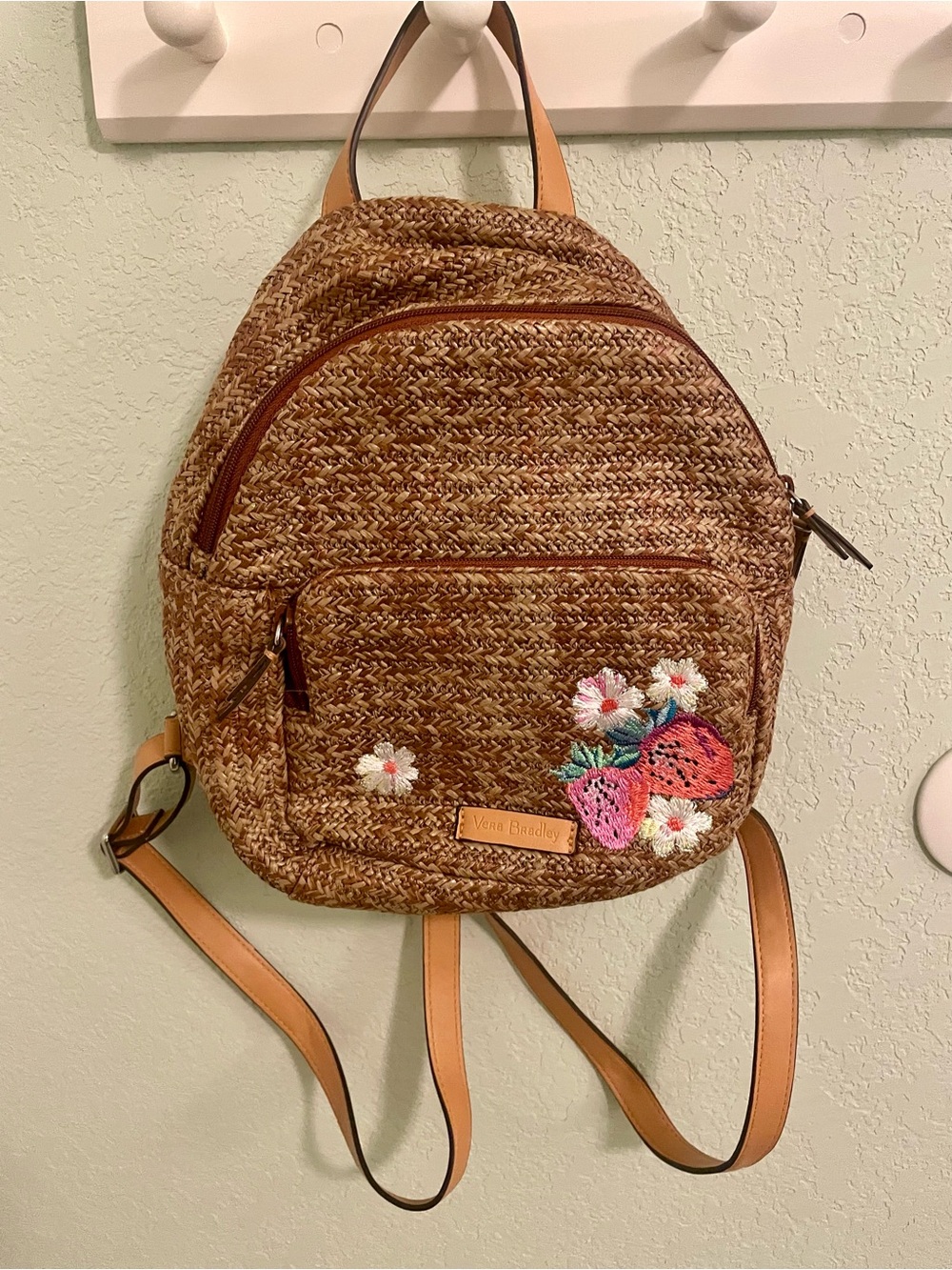 Vera Bradley Straw-Style Mini Backpack in Brown with Pink Strawberry Embroidery